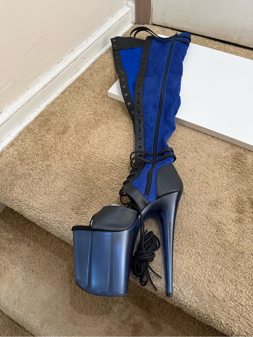 Blue Lace-Up Platform Stiletto Knee-High Boots